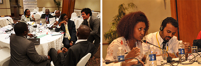 左：グループディスカッションの様子、右：ディスカッションで発言するエチオピアの参加者